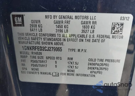 2012 Chevrolet Traverse Ls z USA, uszkodzony, nr VIN 1GNKRFED2CJ279065